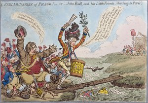 Preliminaries of Peace eli John Bull ja hänen pienet ystävänsä marssivat Pariisiin, julkaissut Hannah Humphrey vuonna 1801 (käsinvärinen etsaus)
